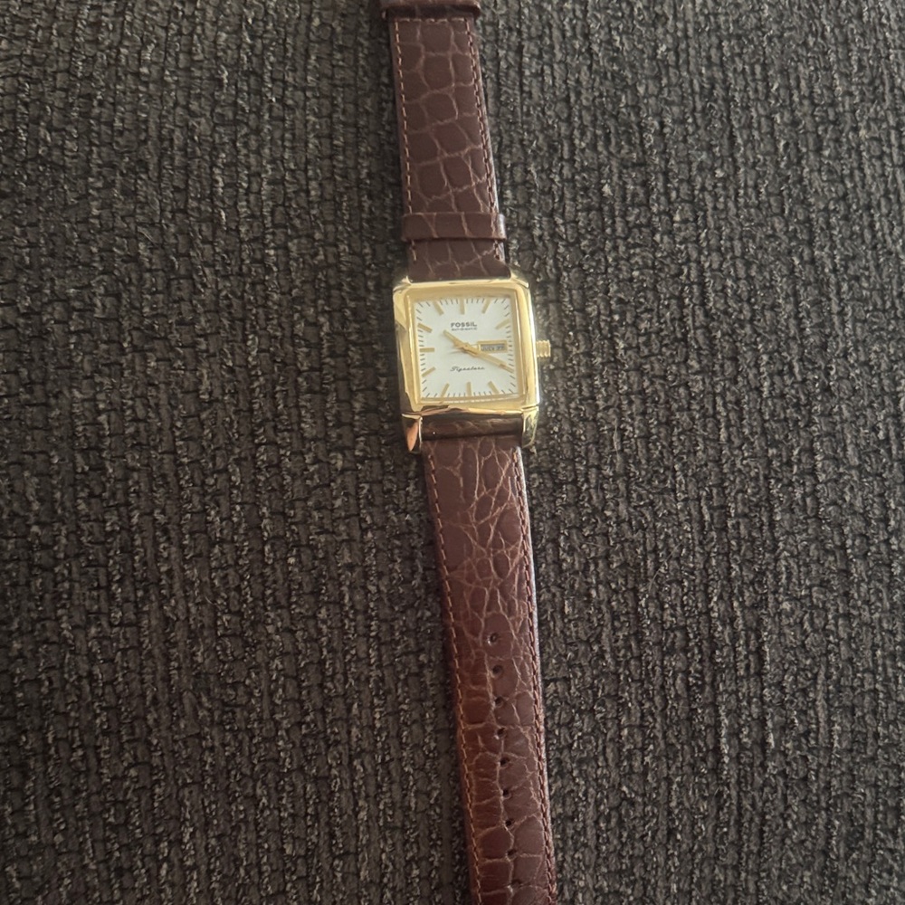 Fossil Women's Gold Tone Square Watch with Brown Leather Strap